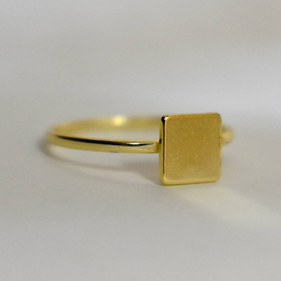 14K Yellow Gold Square ID Ring, Dainty Stackable Ring in 925 Silver