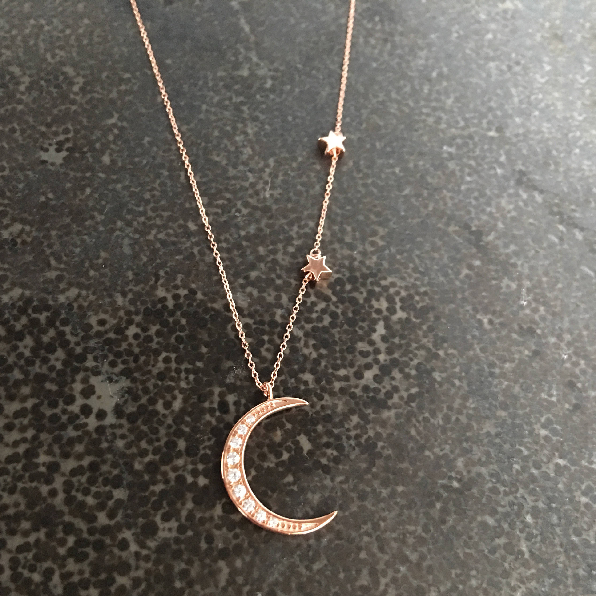 Sterling Silver Rose Gold Dainty Crescent Moon and Satr Necklace