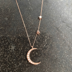 Sterling Silver Rose Gold Dainty Crescent Moon and Satr Necklace