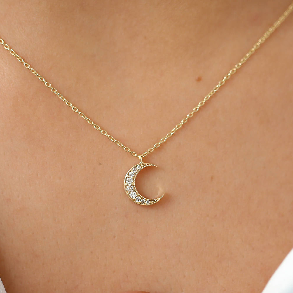 Sterling Silver Mini Crescent Moon Necklace Cubic Zirconia Double Horn Necklace