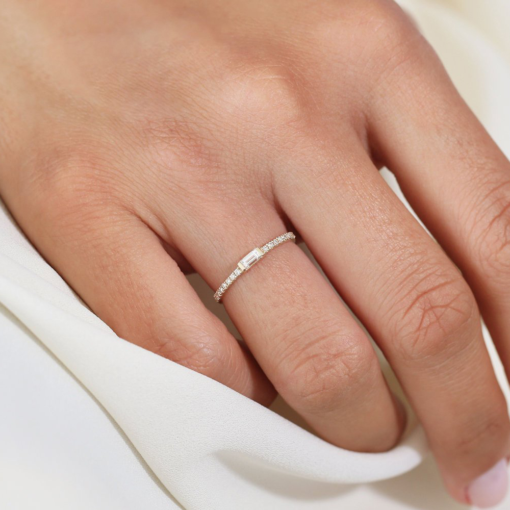 Sterling Silver Thin Stacking Engagement Ring with Baguette CZ Ring