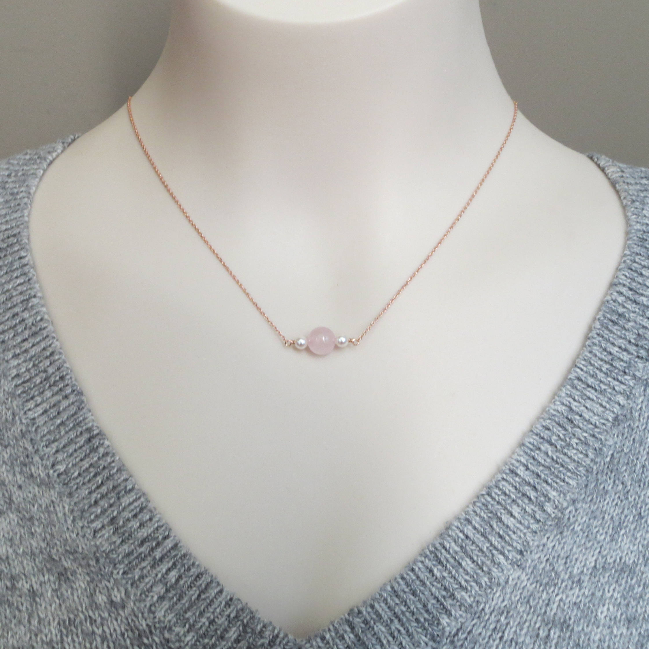 Planet, Sandwich, Three Beaded, Pearl, Rose Quartz and Moonstone Necklace in 925 Silver