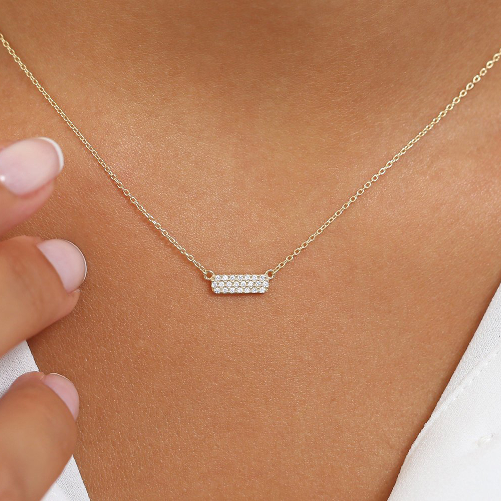 Sterling Silver Micro Pave Cubic Zirconia Small Horizontal Bar Necklace