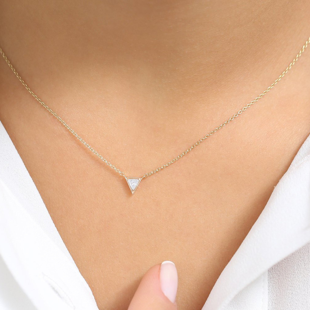 Dainty Sterling Silver Triangle Cut Solitaire CZ Necklace for Women
