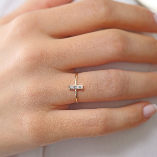 Fine Jewelry Sterling Silver Baguette Cubic Zirconia Dainty Bar Ring