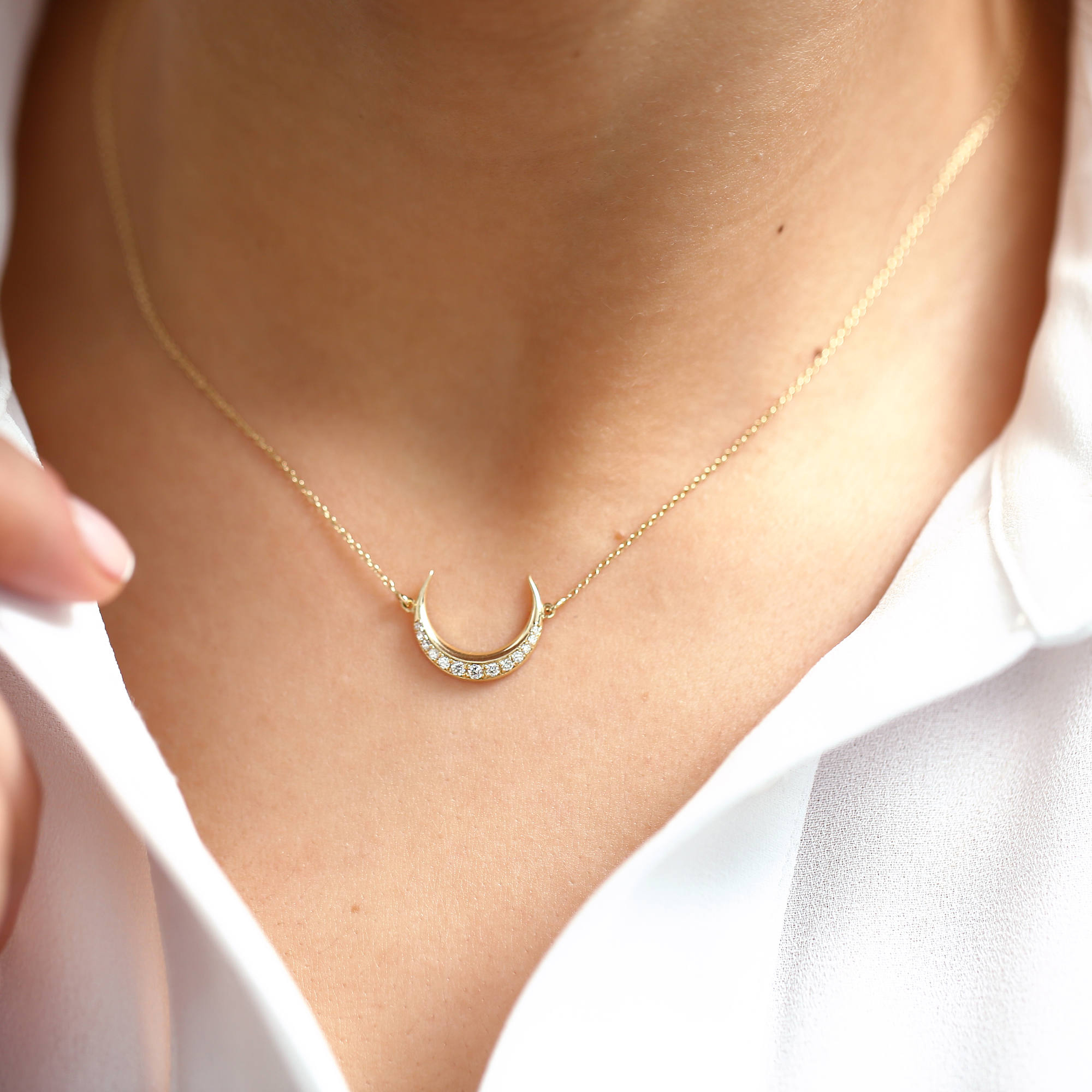Delicate Sterling Silver Cubic Zirconia Crescent Moon Choker Necklace