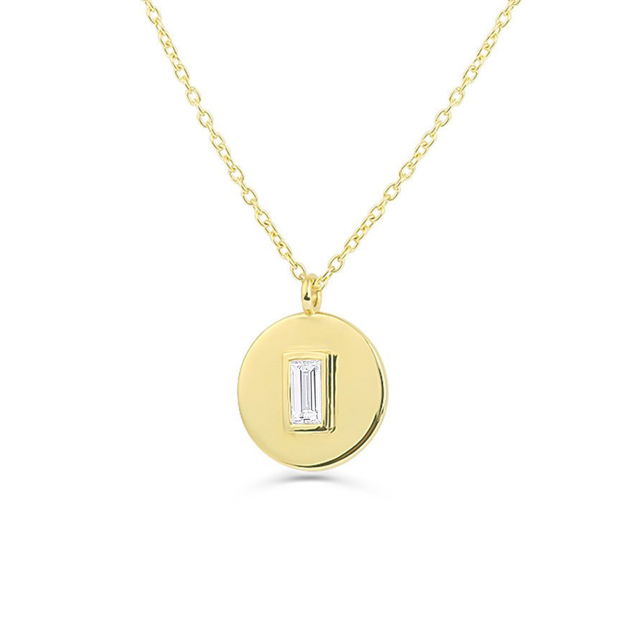 Delicate Sterling Silver Baguette Cubic Zirconia Round Disc Pendant Necklace