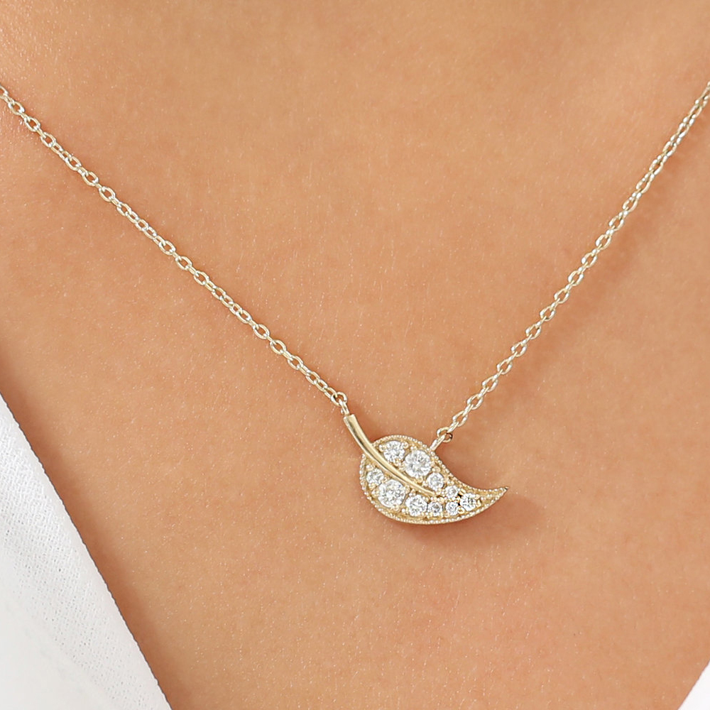Dainty Sterling Silver Cubic Zirconia Leaf Charm Necklace