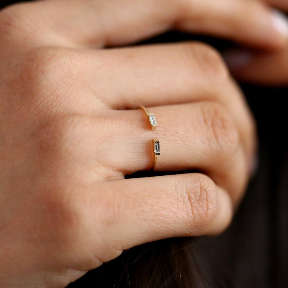 Sterling Silver Baguette CZ Open Design Tiny Stackable Ring