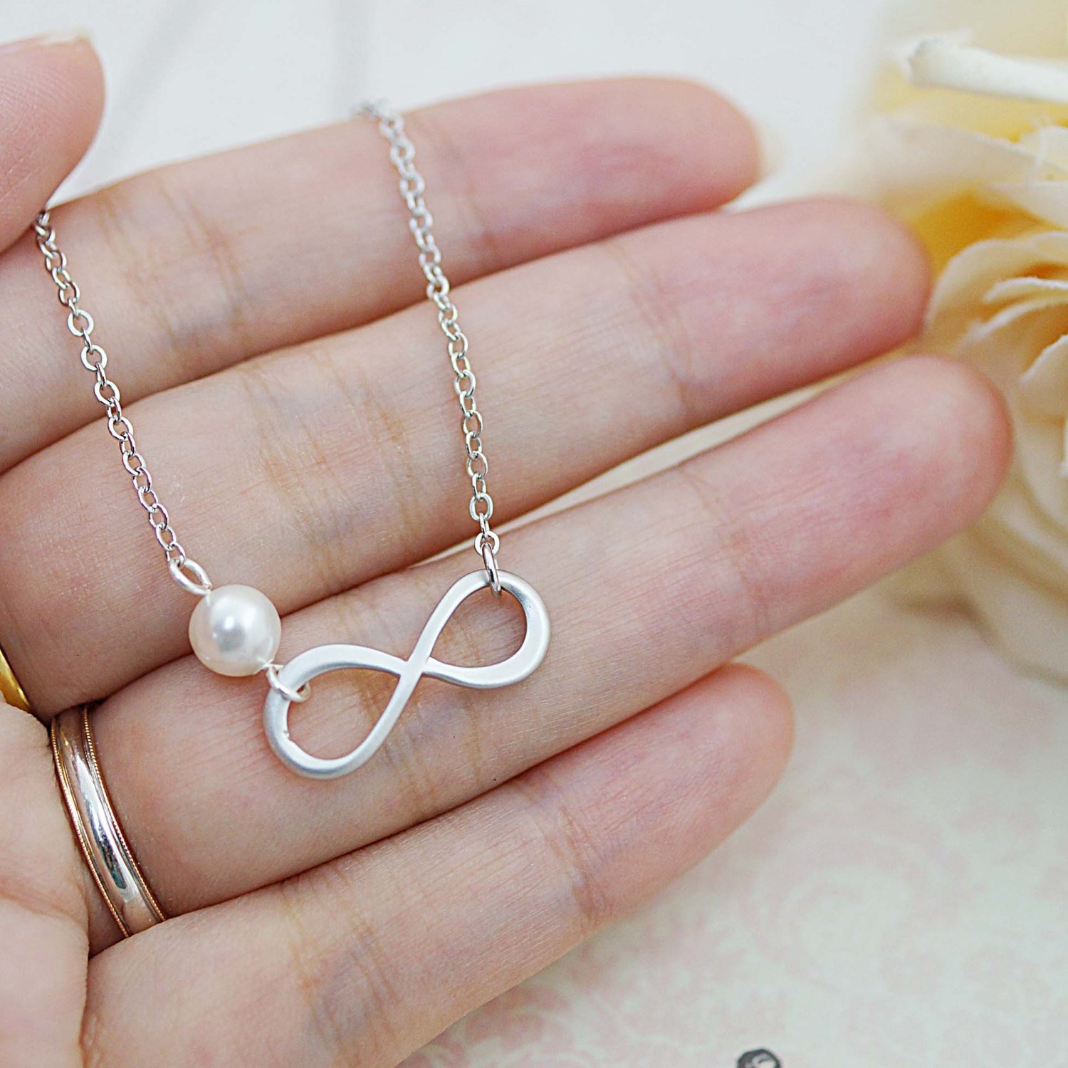 Bridesmaid Jewelry Sterling Silver Infinity Bracelet with Pearl for Wedding