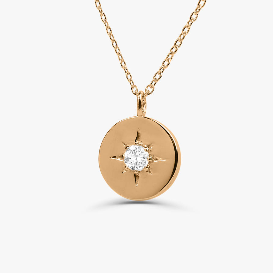 Northstar Necklace Sterling Silver Solitaire CZ Disc Starburst Necklace