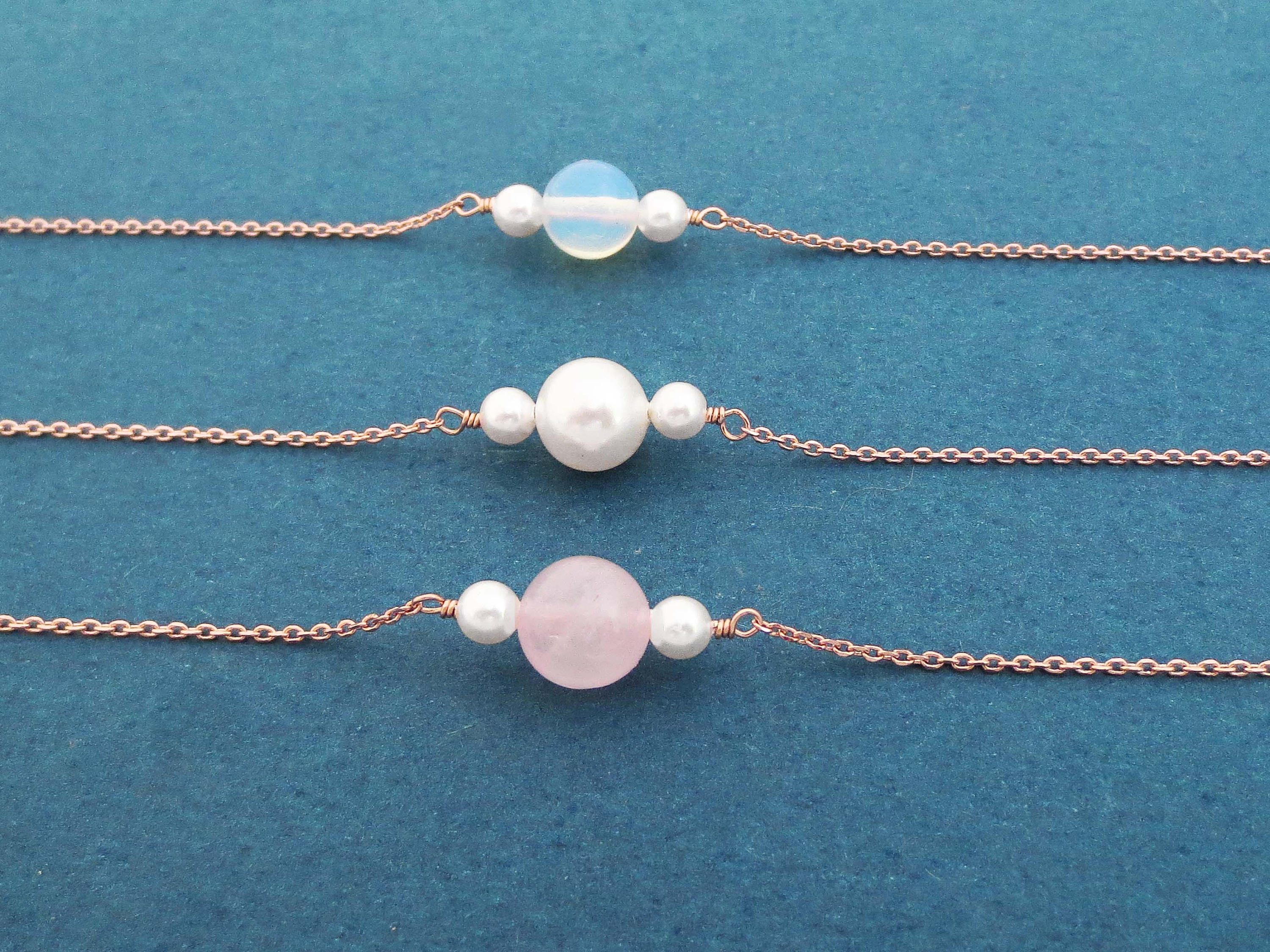 Planet, Sandwich, Three Beaded, Pearl, Rose Quartz and Moonstone Necklace in 925 Silver