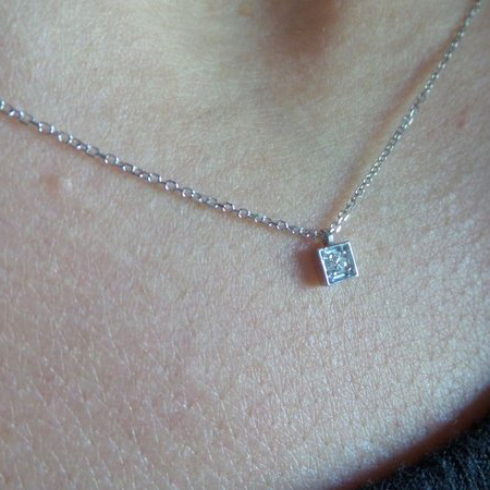 Tiny Design Sterling Silver Pave Set Solitaire Square Shape Dainty Necklace