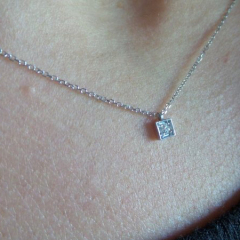 Tiny Design Sterling Silver Pave Set Solitaire Square Shape Dainty Necklace