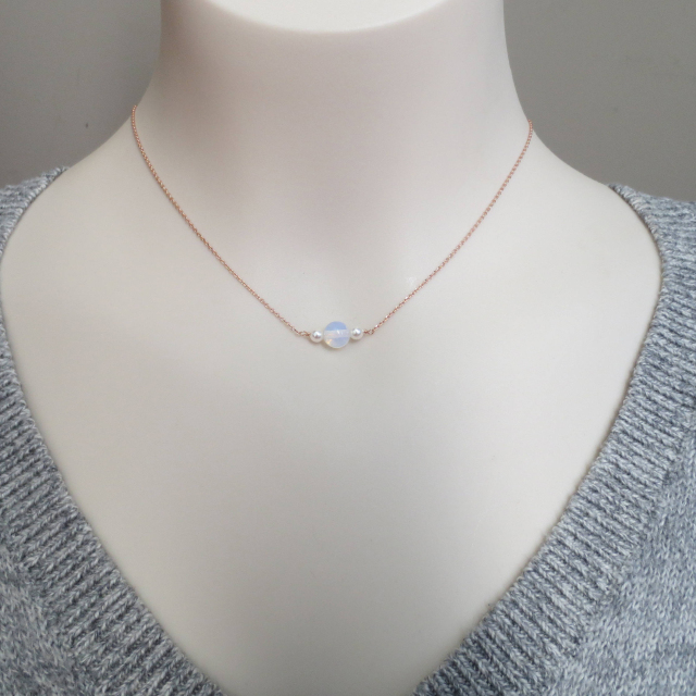 Planet, Sandwich, Three Beaded, Pearl, Rose Quartz and Moonstone Necklace in 925 Silver