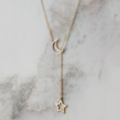 Sterling Silver Rose Gold Moon and Star Celestial Lariat Necklace