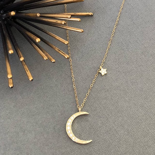 14K Yellow Gold Sterling Silver Pave Set CZ Moon and Star Necklace