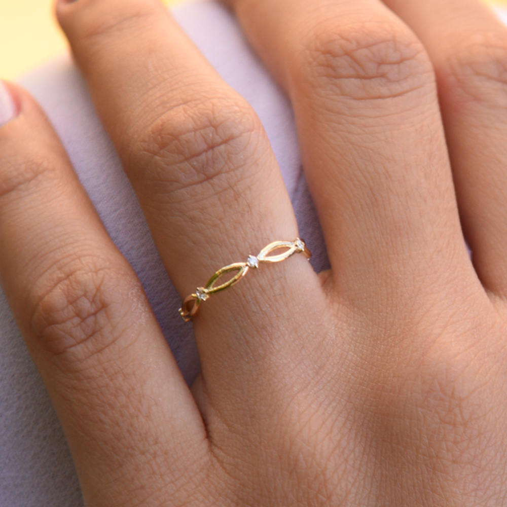Rose Gold Sterling Silver Twist Cubic Zirconia Wedding Band Ring