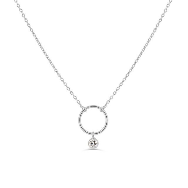Sterling Silver Circle Necklace with Dangling Bezel Set CZ Choker