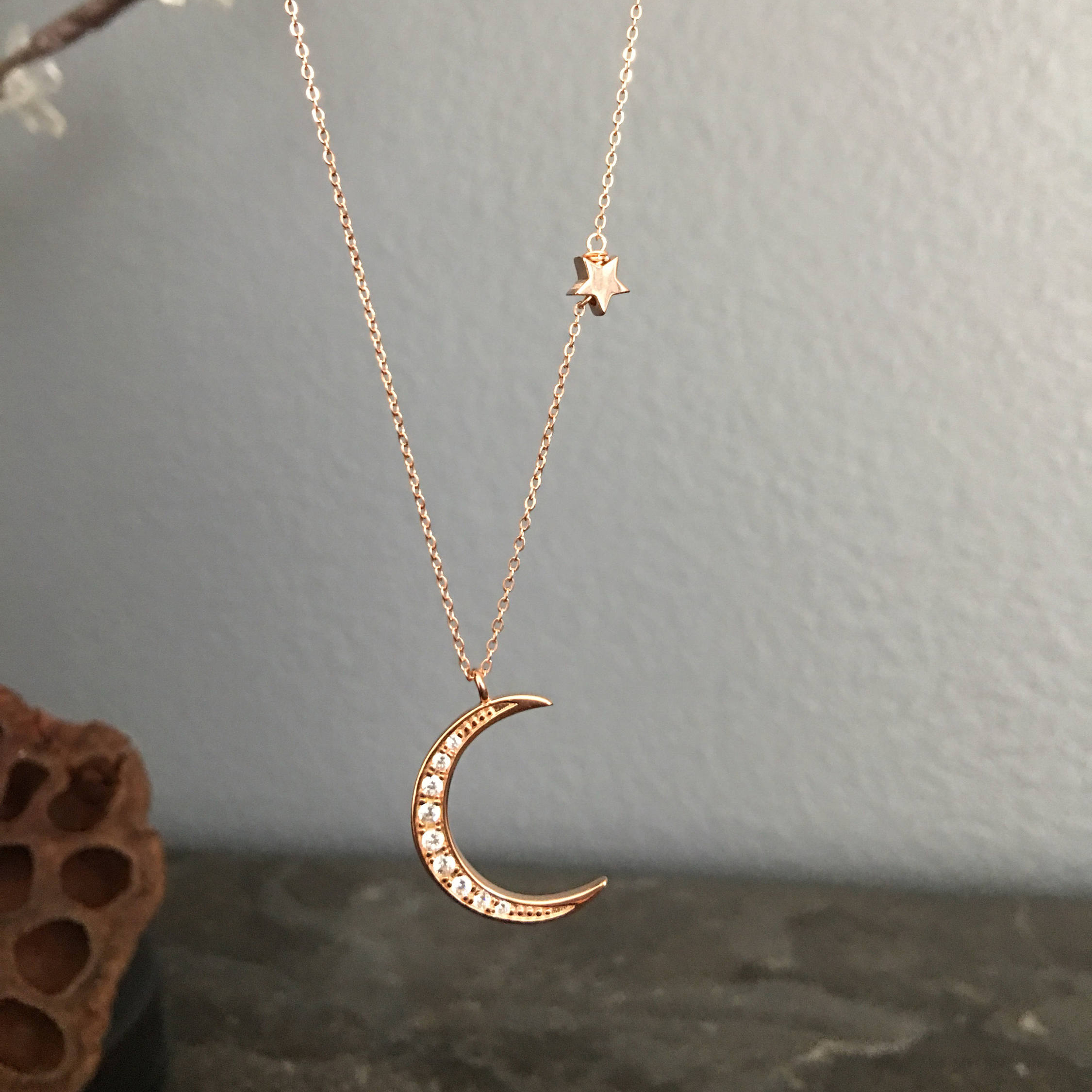 Sterling Silver Rose Gold Dainty Crescent Moon and Satr Necklace