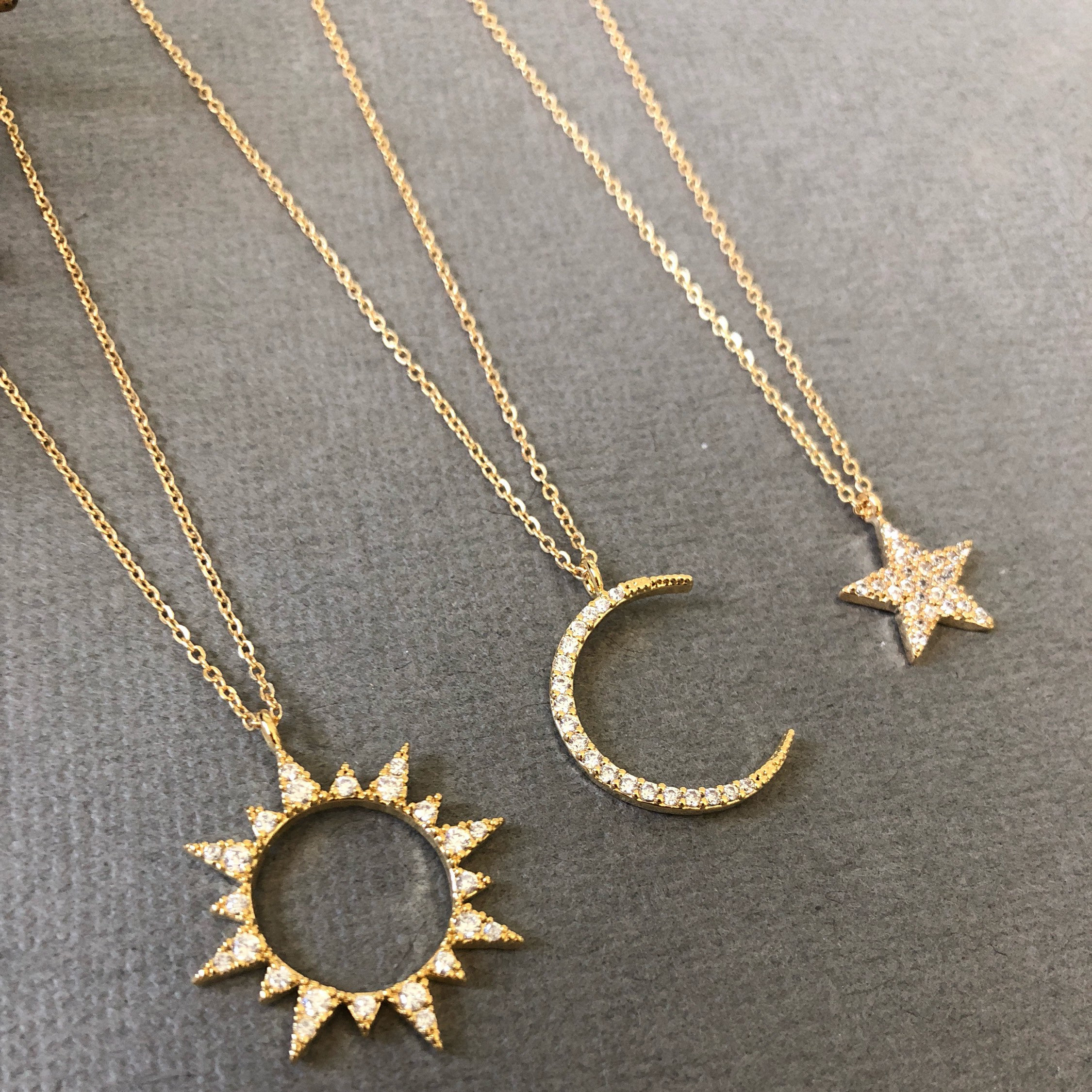 Minimalist Sterling Silver Celestial Star, Moon and Sun Necklace