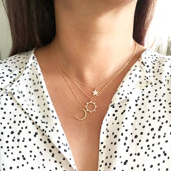 Minimalist Sterling Silver Celestial Star, Moon and Sun Necklace
