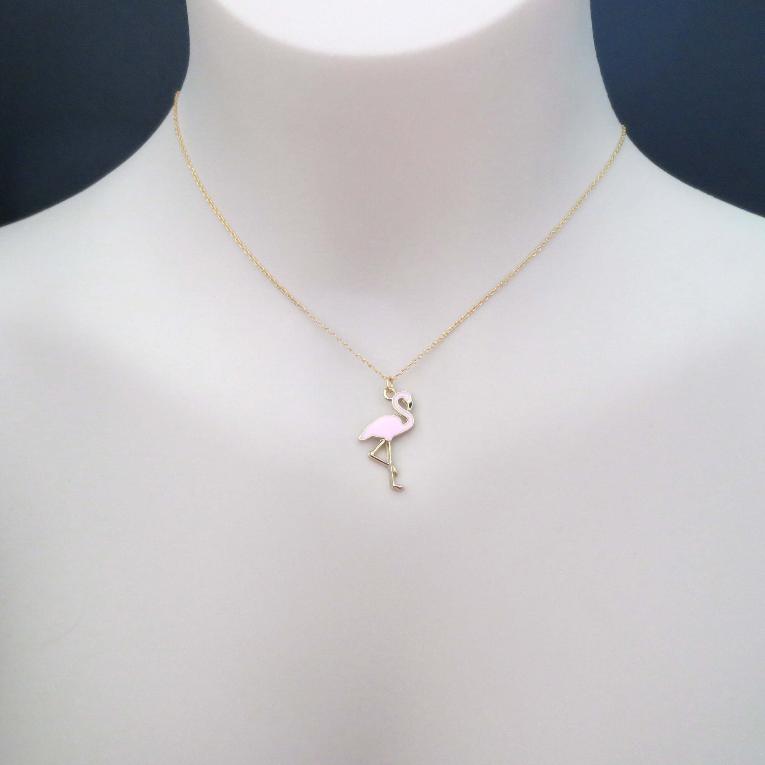 Sterling Silver 14K Gold Pink Enamel Flamingo Necklace for Girls