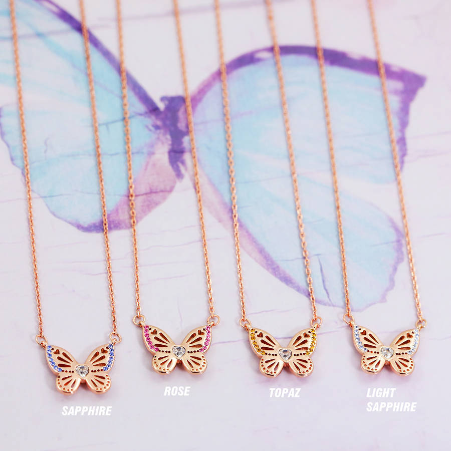 Sterling Silver Rose Gold Butterfly Birthstone Necklace