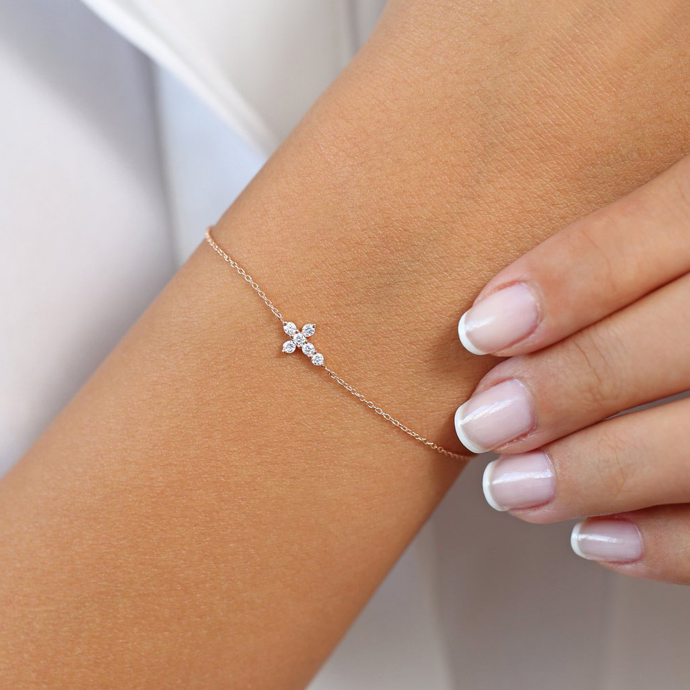 Sterling Silver Tiny White CZ Mini Cross Bracelet