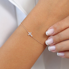 Sterling Silver Tiny White CZ Mini Cross Bracelet