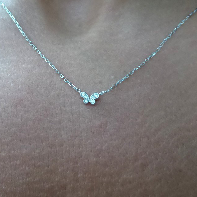 Tiny Design Sterling Silver Pave Set CZ Mini Butterfly Necklace