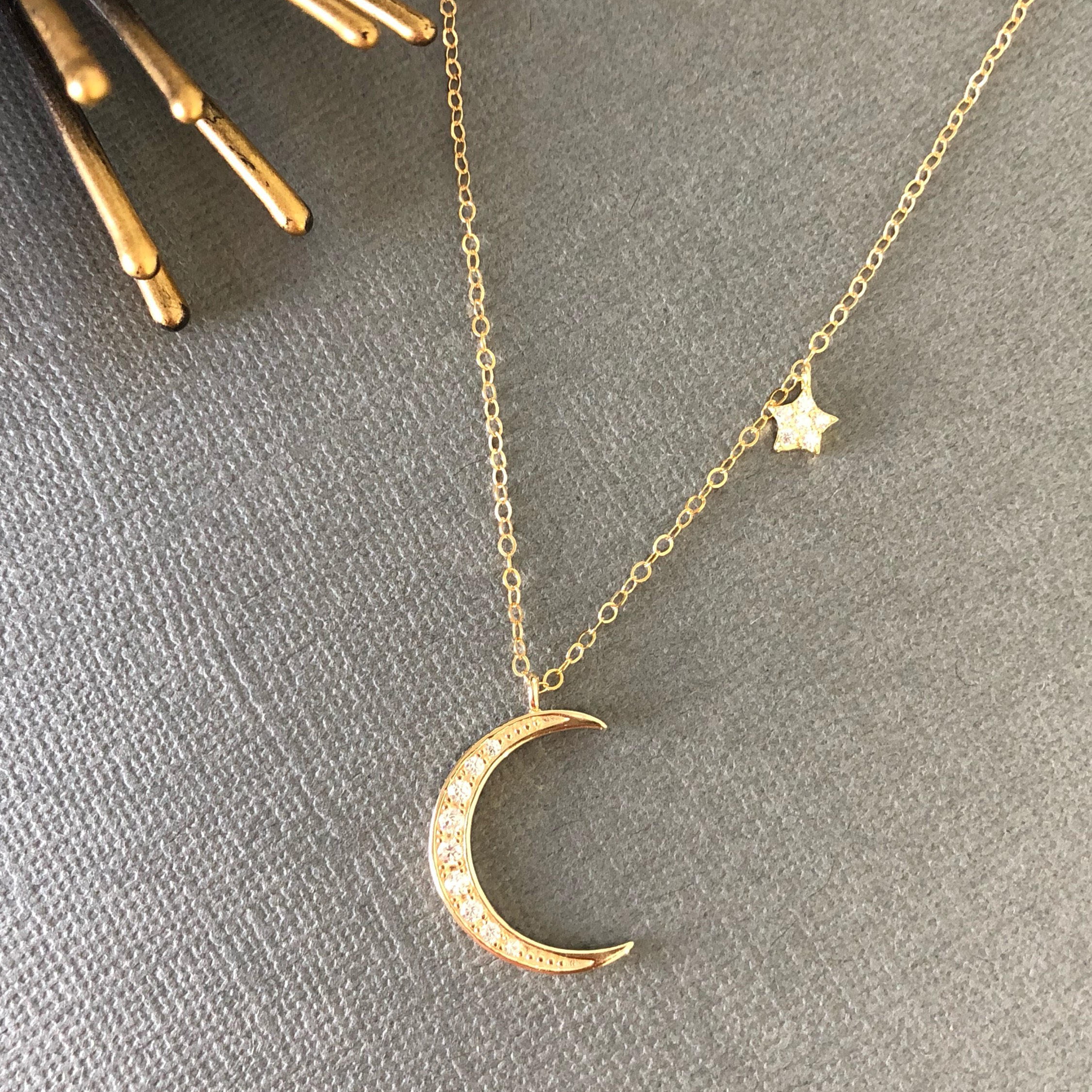 14K Yellow Gold Sterling Silver Pave Set CZ Moon and Star Necklace