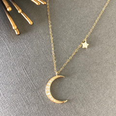 14K Yellow Gold Sterling Silver Pave Set CZ Moon and Star Necklace
