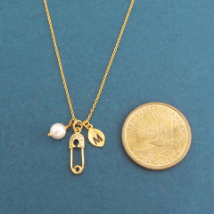 Sterling Silver 14K Gold Initial Letter, White Pearl and Safety Pin with CZ Charms Necklace