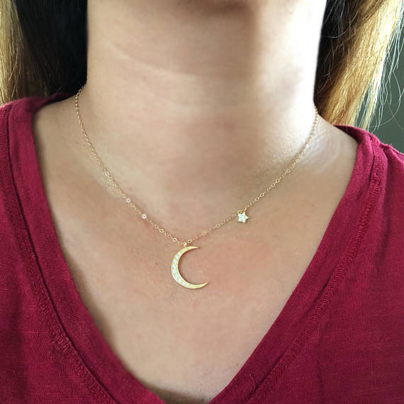 14K Yellow Gold Sterling Silver Pave Set CZ Moon and Star Necklace