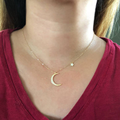 14K Yellow Gold Sterling Silver Pave Set CZ Moon and Star Necklace