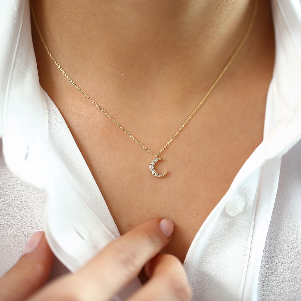 Sterling Silver Mini Crescent Moon Necklace Cubic Zirconia Double Horn Necklace