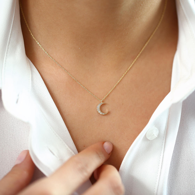 Sterling Silver Mini Crescent Moon Necklace Cubic Zirconia Double Horn Necklace