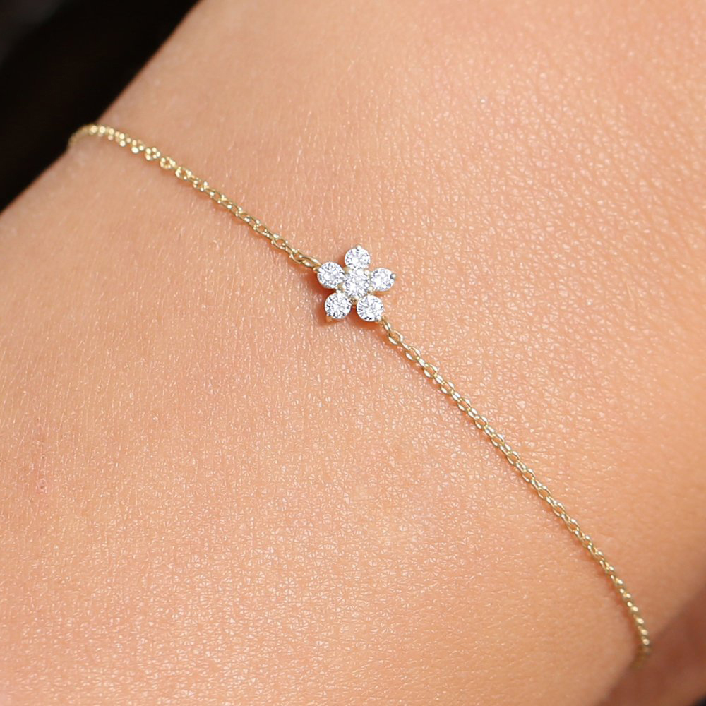 14K Gold Sterling Silver CZ Cluster Flower Design Dainty Bracelet