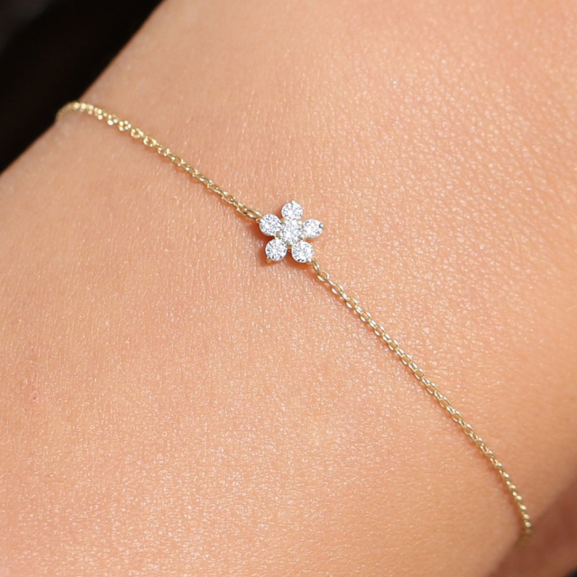 14K Gold Sterling Silver CZ Cluster Flower Design Dainty Bracelet