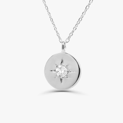 Northstar Necklace Sterling Silver Solitaire CZ Disc Starburst Necklace