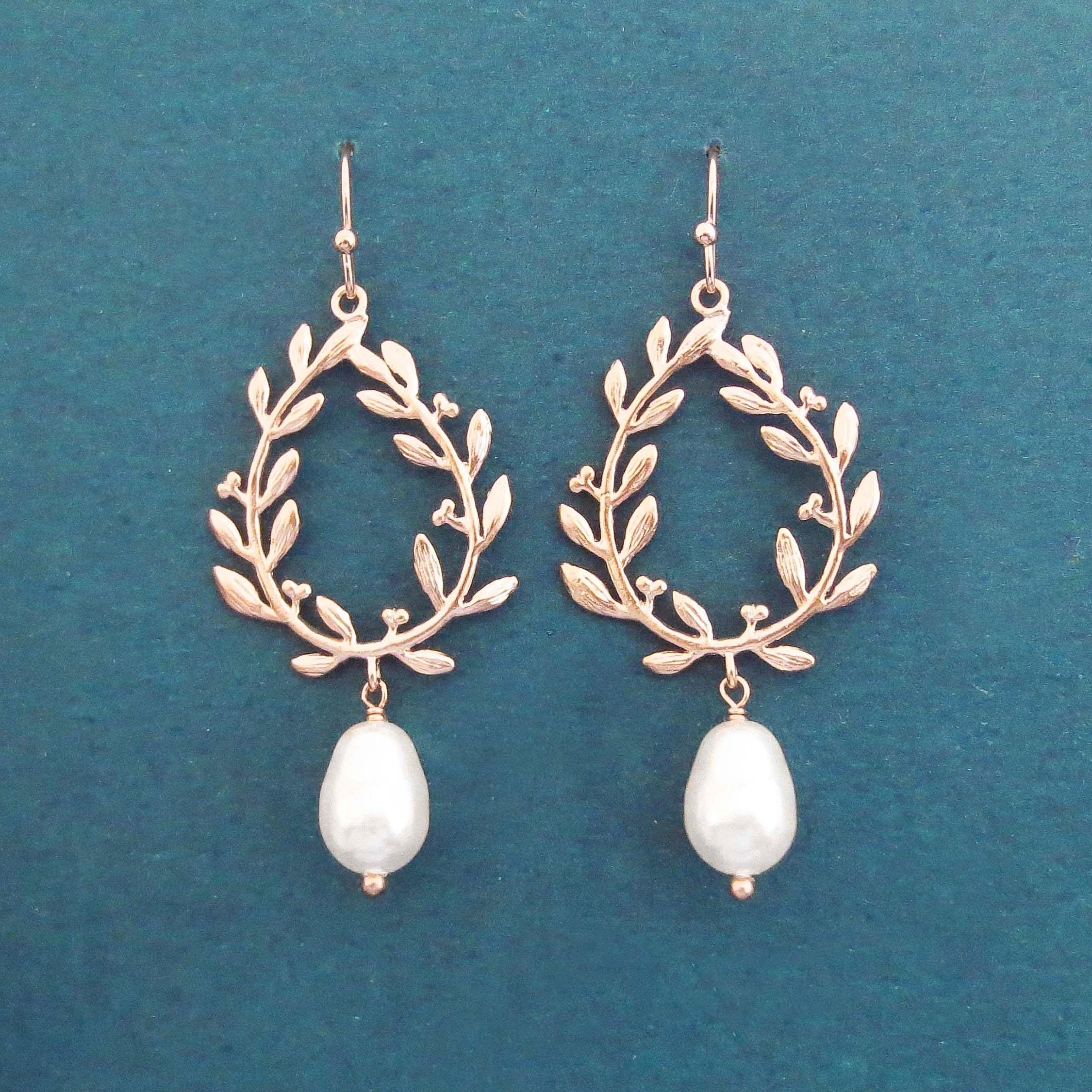Dainty Sterling Silver Rose Gold White Pearl and Olive Leaf Dangling Earrings for Party