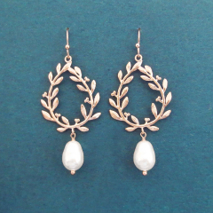 Dainty Sterling Silver Rose Gold White Pearl and Olive Leaf Dangling Earrings for Party