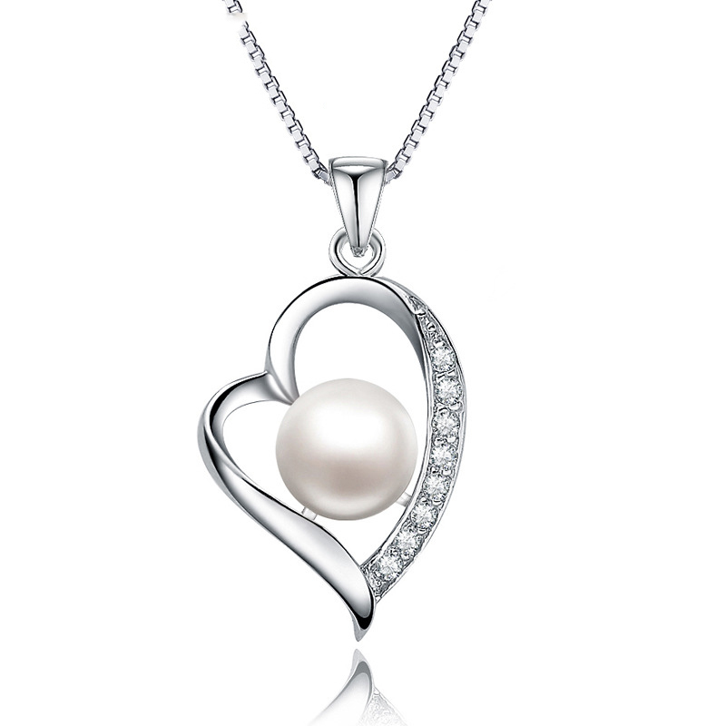 Sterling Silver Cubic Zirconia Fresh Water Pearl Heart Shaped Necklace