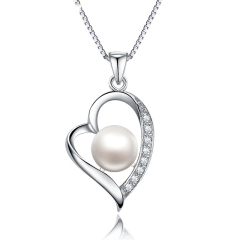 Sterling Silver Cubic Zirconia Fresh Water Pearl Heart Shaped Necklace