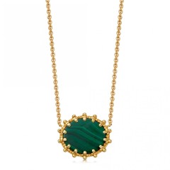 14K Gold Sterling Silver Malachite Oval Pendant Necklace
