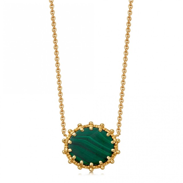 14K Gold Sterling Silver Malachite Oval Pendant Necklace