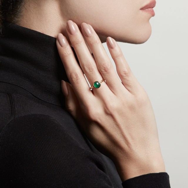 Sterling Silver 18K Gold Finished Soliatire Green Onyx Round Ring