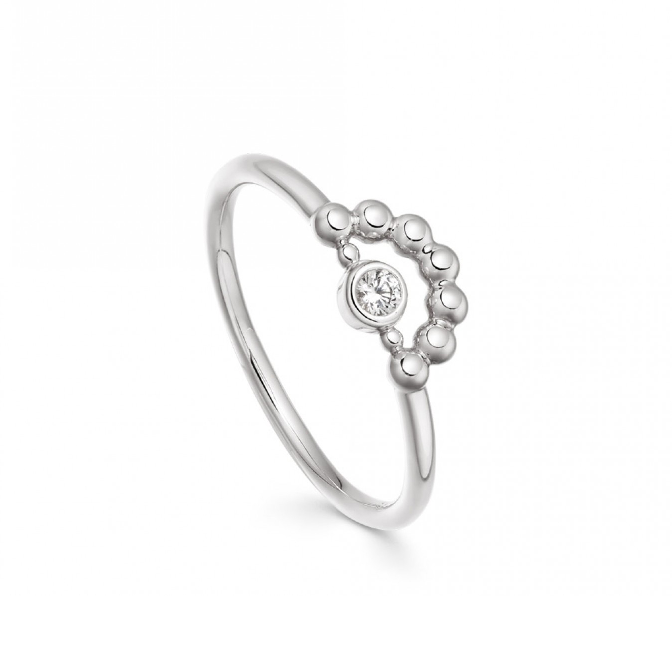 Sterling Silver Solitaire Mini Beaded Half Circle Ring