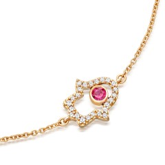 Sterling Silver Cubic Zirconia and Ruby Hamsa Hand Bracelet